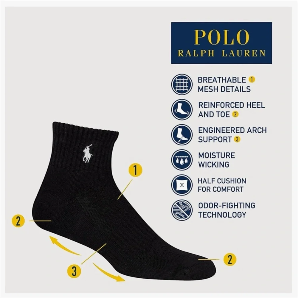 POLO RALPH LAUREN mens Athletic Performance Cotton Ankle Socks - 6pk Size 6-12